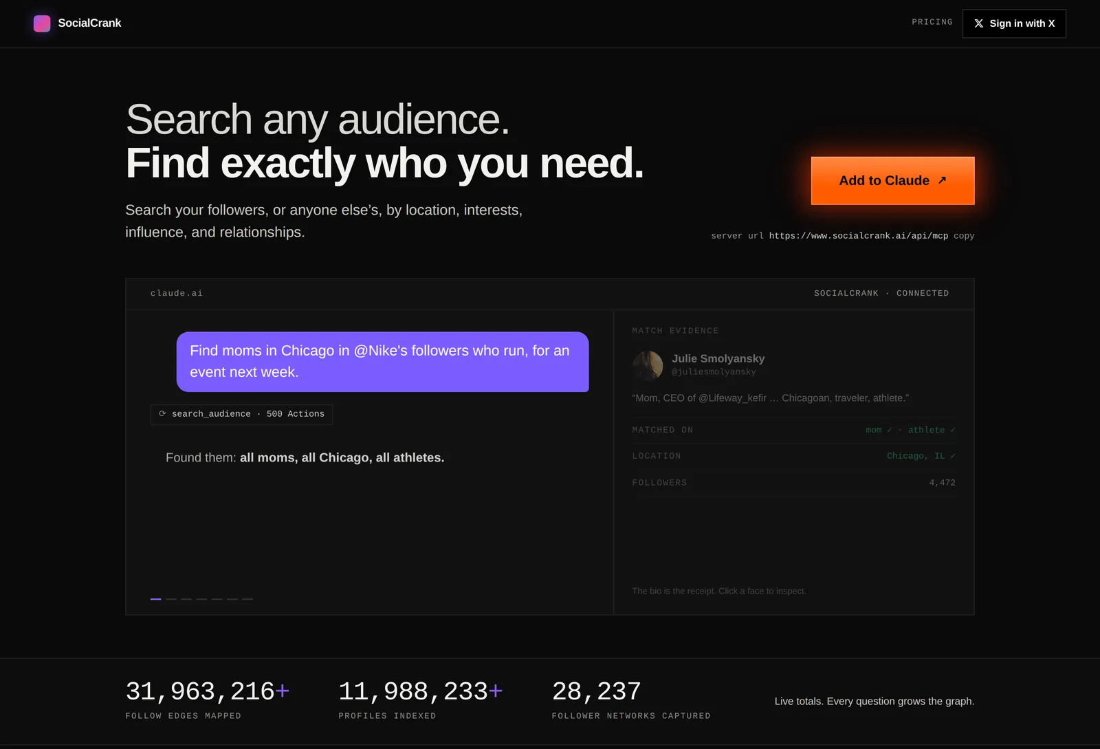 The connector page: the server URL to paste, an example question and answer, and the live graph totals.